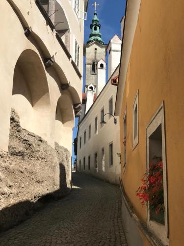 an alley in a city with buildings and a tower at New flat in old town+garage in Steyr
