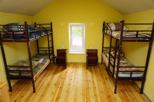a room with three bunk beds and a window at Red Star Peoples Republic in Tiraspol