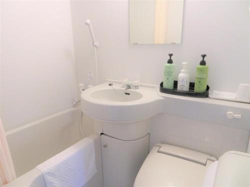 een badkamer met een wastafel, een toilet en een spiegel bij Hotel New Saitama in Saitama