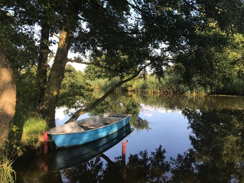 a blue boat sitting on the side of a river at Alwine - Landhaus an den Spreewiesen in Rietz Neuendorf