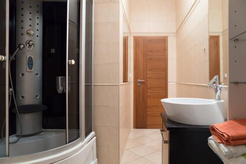a bathroom with a sink and a shower at Kukucinova Apartments in Bratislava