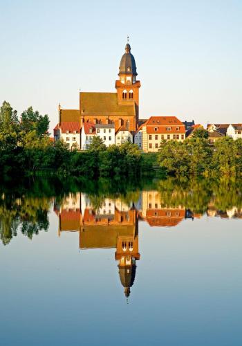 a city reflecting in the water with a church at Apartment Yachthafen Waren in Waren