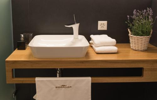 ein Badezimmer mit einem Waschbecken und Handtüchern auf der Theke in der Unterkunft Barracuda in Lenzburg