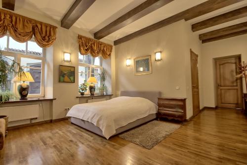 維爾紐斯的住宿－皮里艾斯公寓，一间卧室设有一张床和两个窗户。