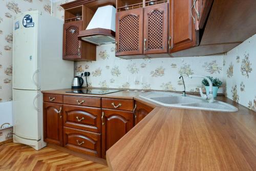 モスクワにあるApartamienty na Azovskoi 9k2のキッチン(木製キャビネット、シンク、冷蔵庫付)