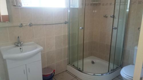 a bathroom with a shower and a sink and a toilet at Sunset View Guest House in Piggs Peak