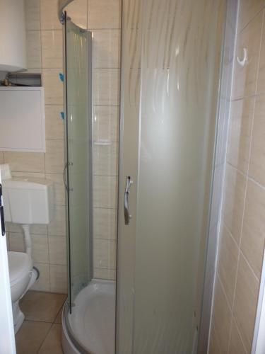 a bathroom with a shower and a toilet at Domek Miłka in Jastrzębia Góra