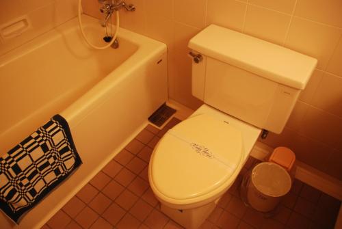 La salle de bains est pourvue de toilettes blanches et d'une baignoire. dans l'établissement Kojima Puchi Hotel, à Kurashiki