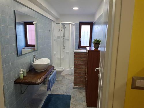 a bathroom with a sink and a toilet and a shower at AleKS friendly house in Canale