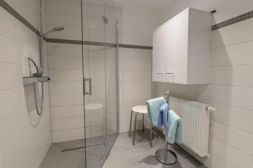 a bathroom with a glass shower and a sink at Bergfranzenhof in Oppenau