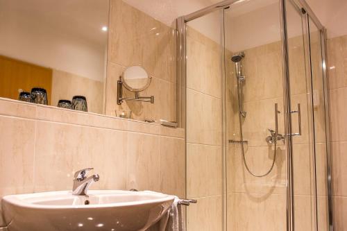 a bathroom with a sink and a shower at Parkhotel Ahrbergen in Giesen