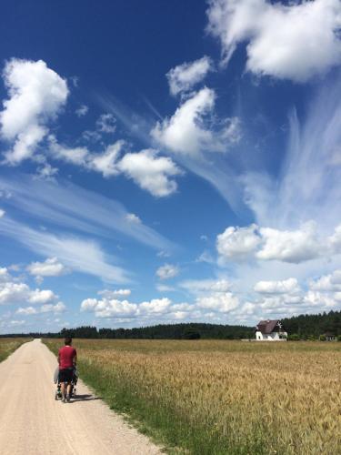 a man and a child walking down a dirt road at Gospodarstwo Rospuda in Bakałarzewo