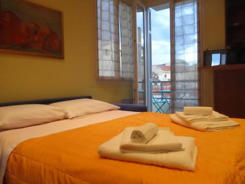 a bed with two towels on top of it at Appartamento in rue Halevy in Nice