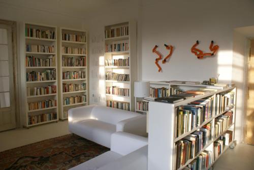 a living room with a couch and book shelves with books at Chateau Třebešice in Kutná Hora