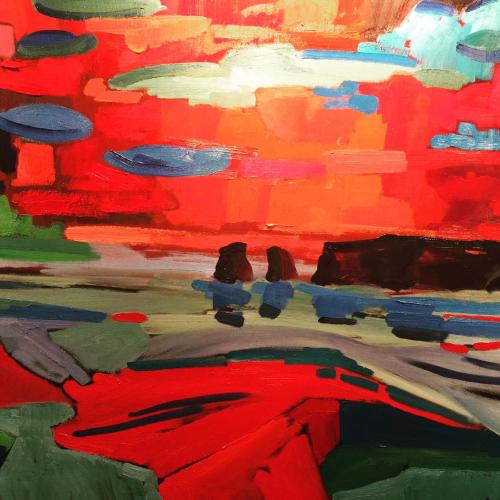 a painting of two people sitting on a bench at IBERIA 1 appartement T3 à 200 m de la plage avec parking privé in Hendaye