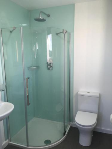 a bathroom with a shower with a toilet and a sink at 35 Newvalley in Stornoway