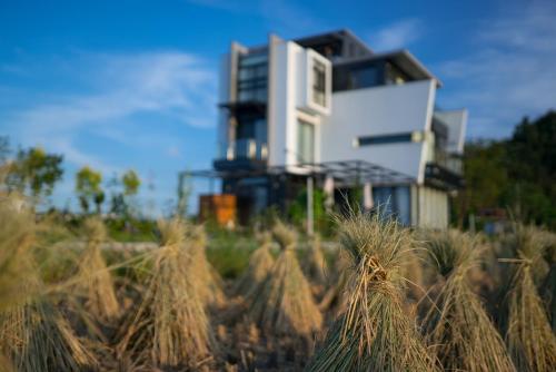 a house in the middle of a field with tall grass at sunlight mound in Yuanshan