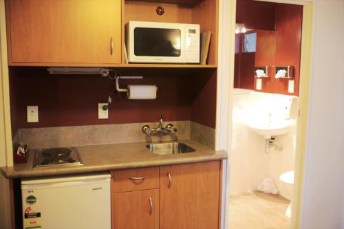 a kitchen with a stove, microwave, sink, and dishwasher at Kiwi Studios Motel in Palmerston North