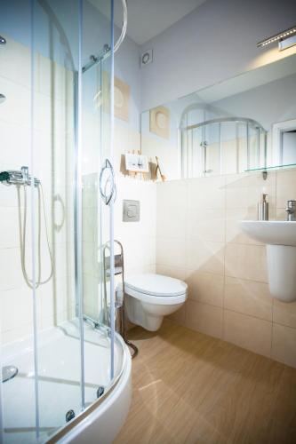 a bathroom with a shower and a toilet and a sink at Apartamenty Rogowscy - Apartamenty na wynajem w Rewalu in Rewal