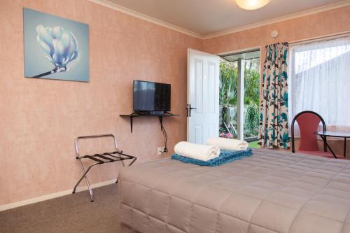 1 dormitorio con 1 cama, TV y ventana en Motel Te Kuiti en Te Kuiti