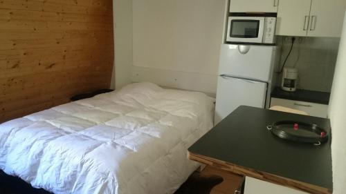 Cette petite chambre comprend un lit et une table avec un four micro-ondes. dans l'établissement Diamant 3 F, à Les Deux Alpes