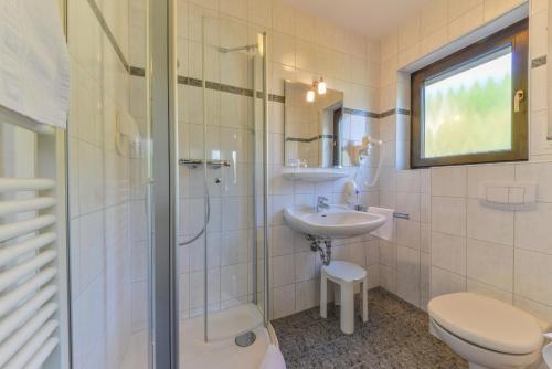 uma casa de banho com um WC, um lavatório e um chuveiro em Hotel Zur Mühle em Bad Brückenau