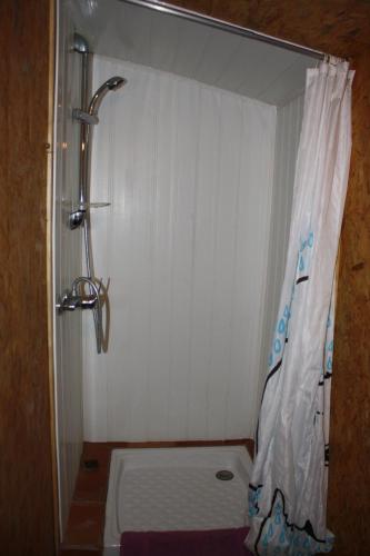 a bathroom with a shower with a shower curtain at Ferme La Viste in La Roche-sur-le-Buis
