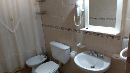 a bathroom with a toilet and a sink and a mirror at Complejo La Colina in Federación