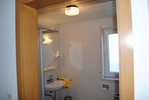 ein Bad mit einem Waschbecken und einem Spiegel in der Unterkunft Landgasthof Gruss in Brilon