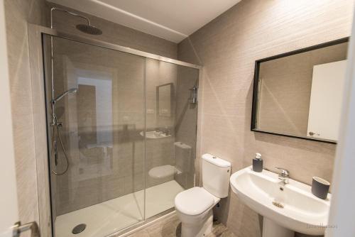 La salle de bains est pourvue d'une douche, de toilettes et d'un lavabo. dans l'établissement Casa Margot Cádiz, à Cadix