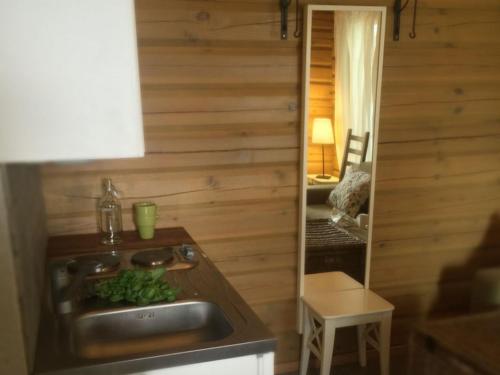 cocina con fregadero y pared de madera en Rentola en Eräslahti