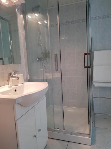 Un baño con ducha, lavabo e inodoro. en Chambre-Studio Mare Bianca, en Saint-Florent