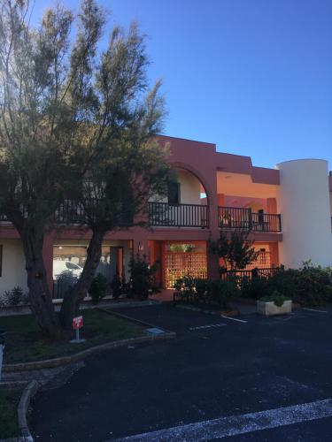 un grand bâtiment avec un arbre devant dans l'établissement Appartement Cap d'Adge, au Cap d'Agde