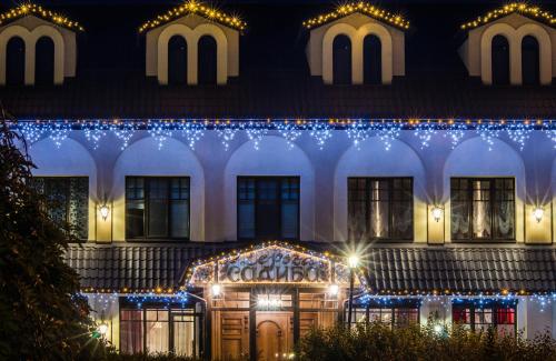a building decorated with christmas lights at night at Lepsza Садыба in Bila Tserkva