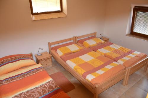 a bedroom with two beds and a mirror on the wall at Za kapličků in Hovorany