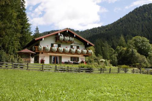 a house with flower pots on the roof in a field at Landhaus am Waldrand in Ramsau