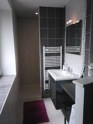 une salle de bain avec un lavabo et un miroir dans l'établissement La chambre du harpiste, à Saint-Mars-la-Jaille