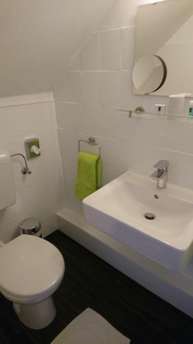 a white bathroom with a toilet and a sink at Hotel Deutschherrenhof in Trier