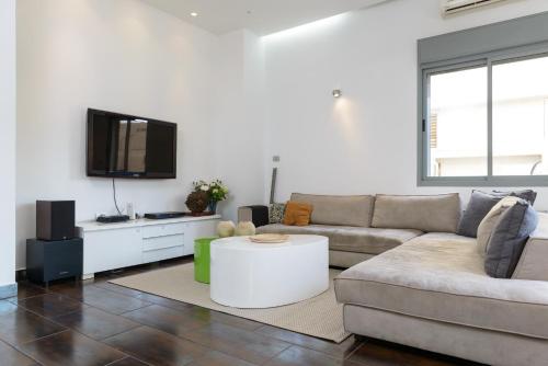a living room with a couch and a tv at Apartment On Mapu Street in Tel Aviv