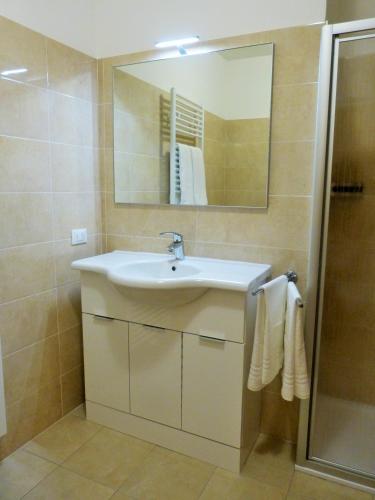 a bathroom with a sink and a mirror and a shower at Nido di Rondine B&B in Comano Terme