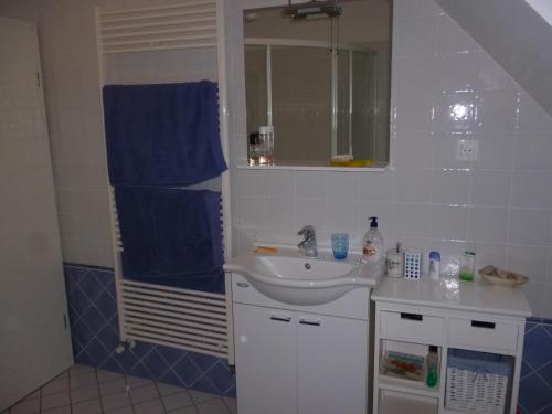 a bathroom with a sink and a blue towel at Chalet Bovec in Bovec