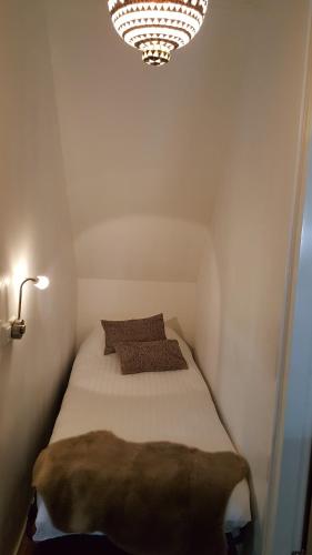 a bed in a small room with a chandelier at Byonz in Groningen