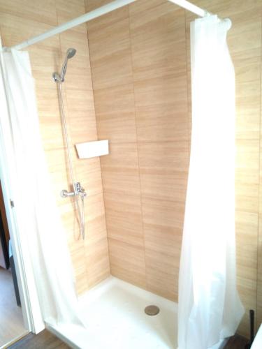 a shower stall with a shower curtain in a bathroom at Euskal Dreams Apartment in Bermeo