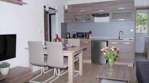 kuchnia i jadalnia ze stołem i krzesłami w obiekcie Všemina Apartman w mieście Lužkovice