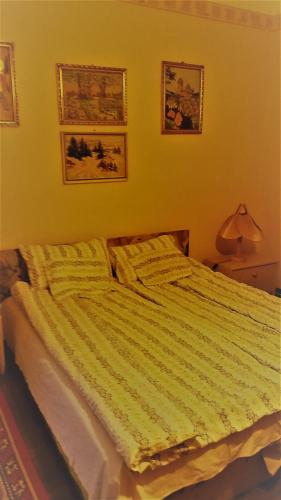 a bed with a green comforter in a bedroom at Kökörcsin Vendégház in Tornaszentandrás