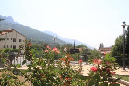 a view of a garden with mountains in the background at casa vacanza sole in Tramonti