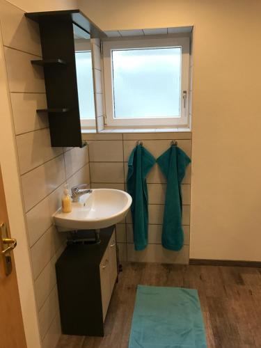 a bathroom with a sink and a window at Ferienwohnung Göbel in Kelberg