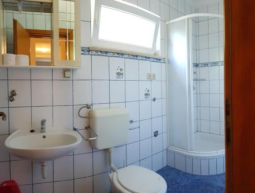 a bathroom with a toilet and a sink at Apartments Akiki in Karlobag