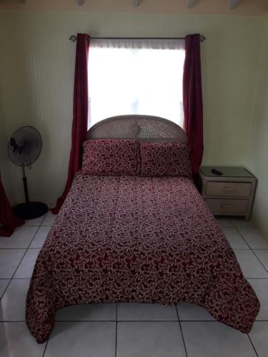 a bed with a red comforter and a window at Apartment Unforgetable Gardens in Falmouth