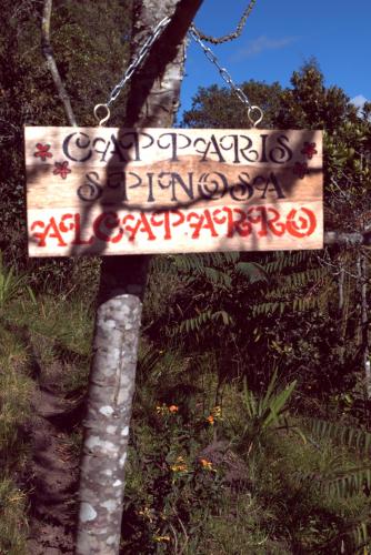 a sign on a pole with writing on it at El Pedregal Sopó in Sopó